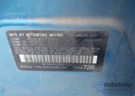 2015 Mitsubishi Mirage Es из США, поврежденный, VIN ML32A4HJ2FH052317